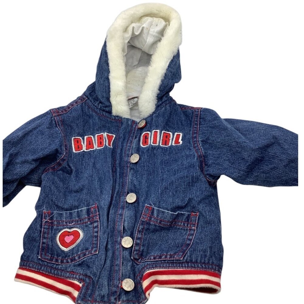 Mon Petit‎ Baby Girl Size 24M Denim Jacket With Faux Fur Hood & Heart Patch